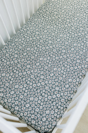 Mebie Baby - Dark Green Daisy Bamboo Stretch Crib Sheet