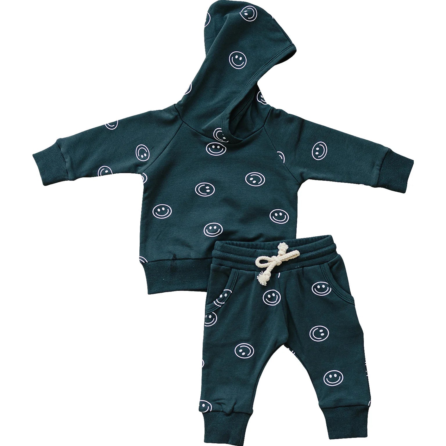 Mebie Baby - Dark Teal Smiley Hooded French Terry Set